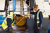 Cutting steel at metalworks, Scotland, UK