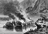 Fire in lakeside village, 19th Century illustration