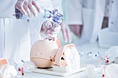 Doctors practising infant intubation