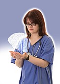 Doctor holding virtual human brain