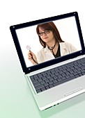 Doctor with stethoscope on laptop screen