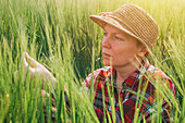 Farmer examining barley crop