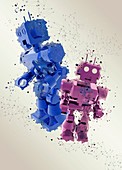 Pink and blue toy robots, illustration