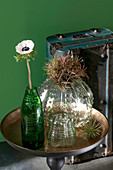 Anemone in cut-off wine bottle next to air plants and vases