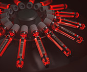 Centrifuge machine with vials of red liquid, illustration