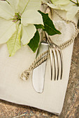 Old silver cutlery with poinsettias and a golden cord