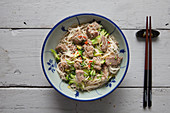 Pork, noodles, broccoli and chillis (Asia)
