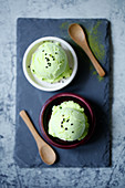 Matcha ice cream in small bowls (top view)