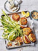 Salmon patties with zucchini and asparagus salad