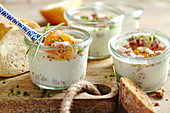 Eggs in jars with chives and ham for an Easter breakfast