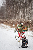 Fahrrad mit Holzkiste und Zweigen auf verschneitem Waldweg