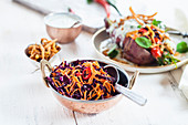 Spicy gujarati potato and red cabbage salad with chillis