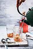 A cocktail of jasmine tea, roasted rhubarb, rhubarb and vanilla syrup