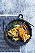 Miso butter chicken with roast carrots and spaghetti