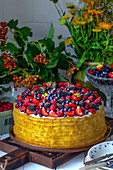 Summer cake with berries from own garden