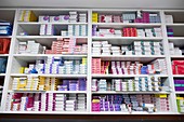 Medicine shelves in pharmacy