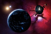 Voyager probe passing binary star, illustration