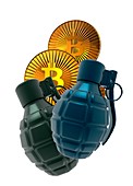 Bitcoins and grenades, conceptual illustration