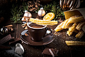 Churros with cinnamon sugar and hot chocolate for Christmas