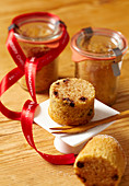 Small Christmas cakes with chocolate chips in a glass
