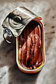 An opened tin of anchovies in oil