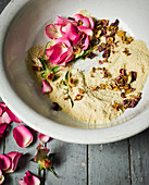 Ingredients for making almond and rosewater cleanser