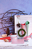 Various craft utensils for making Christmas wreaths