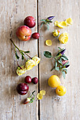 Verschiedene Pflaumen, gelbe Rosenblüten und Chilis an Zweigen