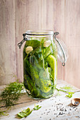 Home made pickled gherkins with dill, garlic and mustard seeds