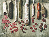 Variety of Spanish and Italian cured meat sausages