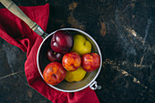 Colourful plums in a vintage sieve