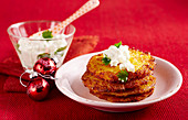 Potato and pumpkin fritters with a cucumber and cream cheese dip