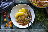 Cucumbers with cocktail tomatoes, boiled potatoes and cucumber dill