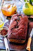 Chocolate cake with whole pears
