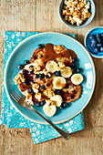 Banana and Blueberry Pancakes with caramell sauce