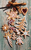 Various gingerbread biscuits decorated with fondant, sugar and jam