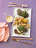 Herb roasted beef with roasted potatoes and bearnaise sauce