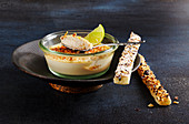 Creme brulee with green tea, lime and hazelnut bars