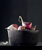 Garlic cloves in a grey concrete bowl