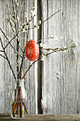 Red-painted Easter egg hung from pussy willow branches in bottle