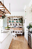 Rustic shelf in white country kitchen with wooden floor