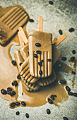 Flatlay of melting coffee latte popsicles with coffee beans