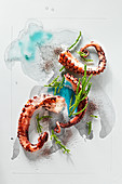 Food art: octopus with samphire and Himalaya salt on a page of watercolour