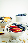 Chiapudding mit Nektarinen, Blaubeeren und Kokosflocken