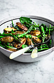 Roasted potato asparagus salad with lentils and spinach