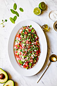 Watermelon Feta Salad on white marble background