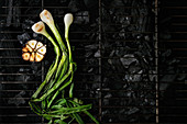 Grilled vegetables spring onion and garlic on bbq grill rack over charcoa