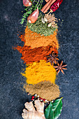 Spices and herbs on a dark background: Paprika, parsley, cumin, curcuma, pepper, anice and mustard seeds