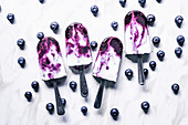 Blueberry coconut milk swirl popsicles with lime on marble background