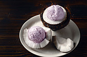 Lavender ice cream served at the halves of cracked coconut